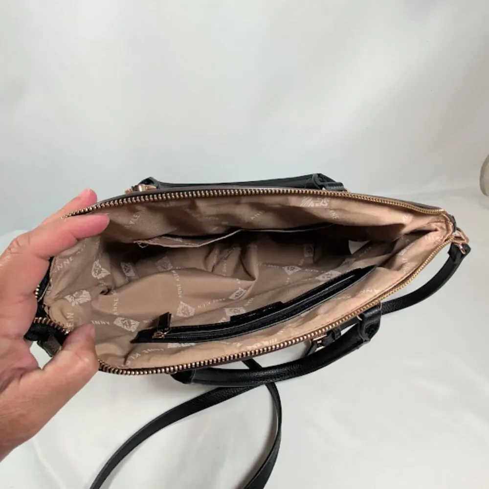 Anne Klein Taupe Black Pebbled Faux Leather Satchel Crossbody Shoulder Bag